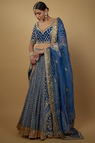 Blue Mulmul & Velvet Printed Lehenga Set by Daamann by Mohit Falod