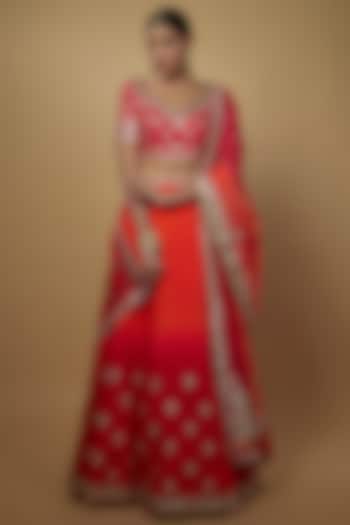 Red & Orange Ombre Dola Silk Embroidered Lehenga Set by Daamann by Mohit Falod