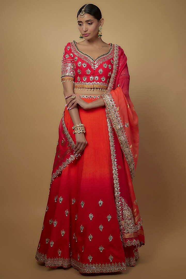Red & Orange Ombre Dola Silk Embroidered Lehenga Set by Daamann by Mohit Falod