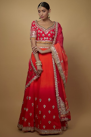Red & Orange Ombre Dola Silk Embroidered Lehenga Set by Daamann by Mohit Falod