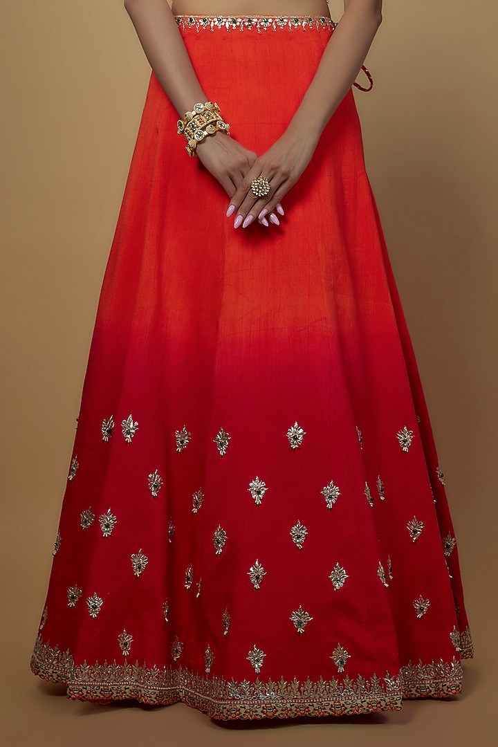 Red & Orange Ombre Dola Silk Embroidered Wedding Lehenga Set by Daamann by Mohit Falod at Pernia's Pop Up Shop