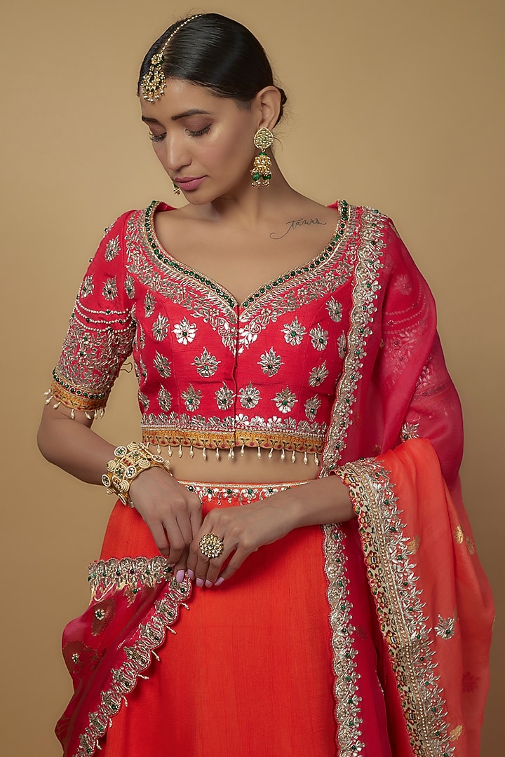 Red & Orange Ombre Dola Silk Embroidered Wedding Lehenga Set by Daamann by Mohit Falod at Pernia's Pop Up Shop