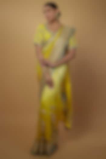 Lime Yellow Ombre Raw Silk & Handloom Organza Embellished Saree Set by Daamann by Mohit Falod