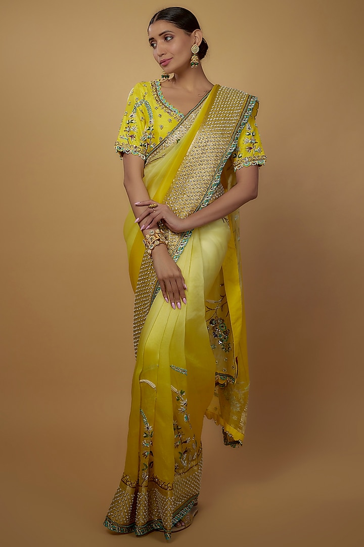Lime Yellow Ombre Raw Silk & Handloom Organza Embellished Saree Set by Daamann by Mohit Falod