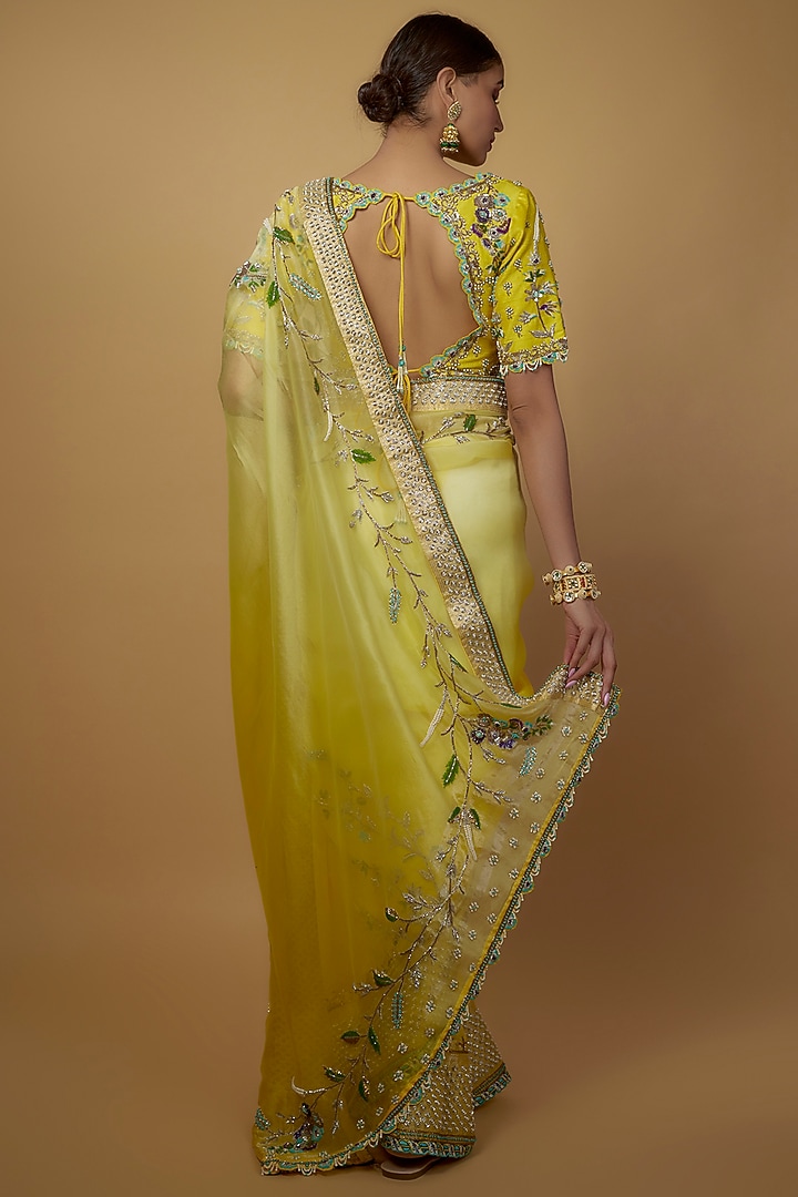 Lime Yellow Ombre Raw Silk & Handloom Organza Embellished Bridal Saree Set by Daamann by Mohit Falod at Pernia's Pop Up Shop