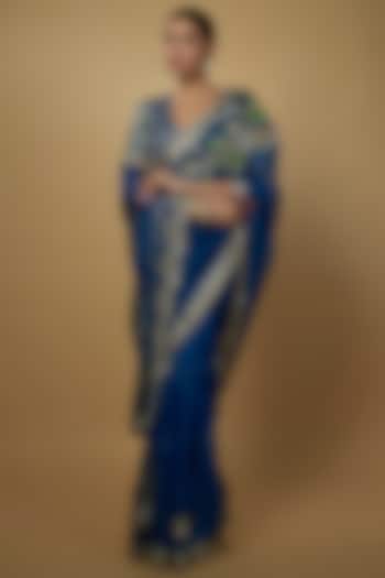 Peacock Blue Raw Silk & Handloom Organza Embroidered Saree Set by Daamann by Mohit Falod