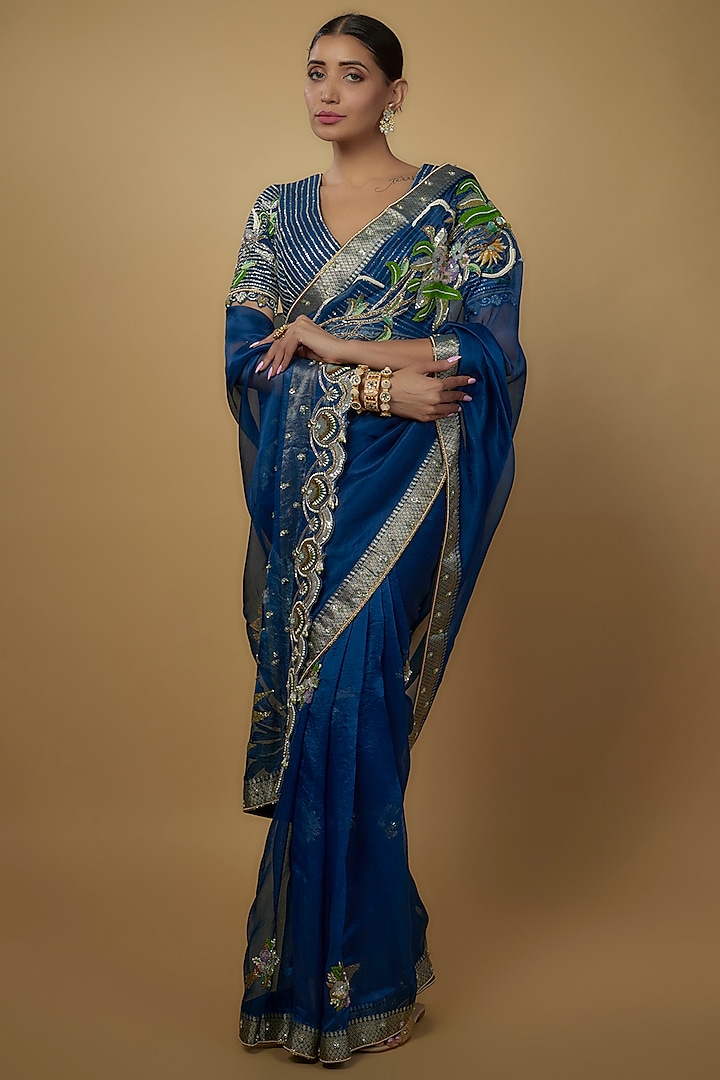 Peacock Blue Raw Silk & Handloom Organza Embroidered Saree Set by Daamann by Mohit Falod
