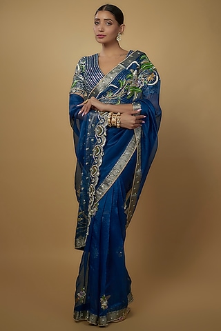 Peacock Blue Raw Silk & Handloom Organza Embroidered Saree Set by Daamann by Mohit Falod