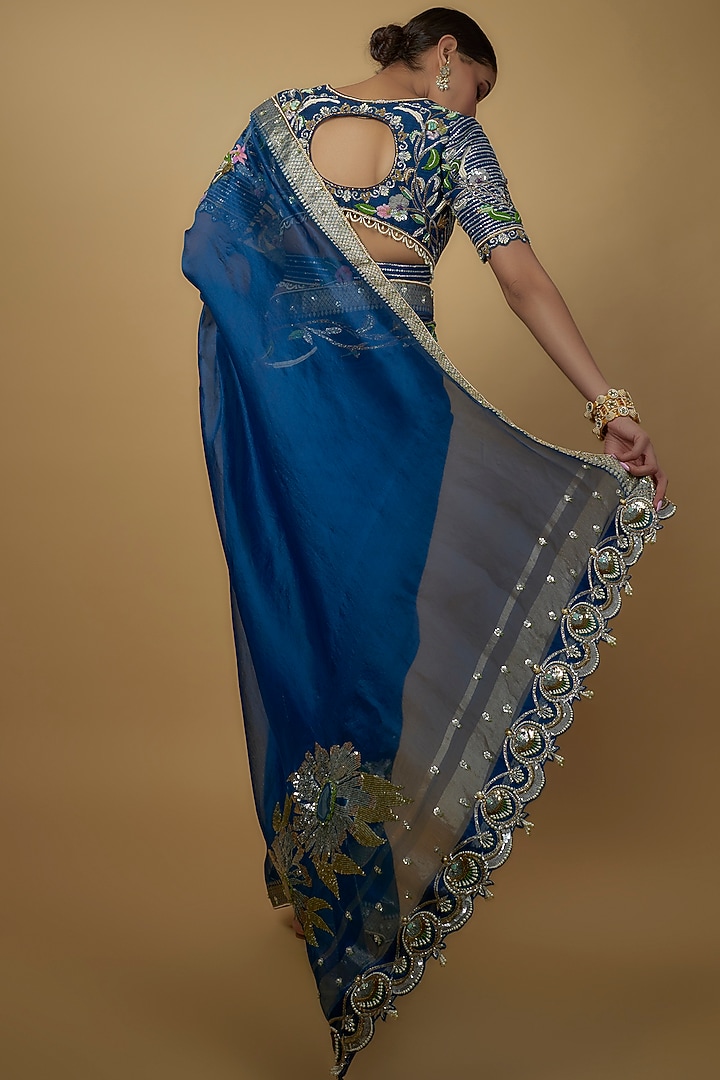 Peacock Blue Raw Silk & Handloom Organza Embroidered Bridal Saree Set by Daamann by Mohit Falod at Pernia's Pop Up Shop