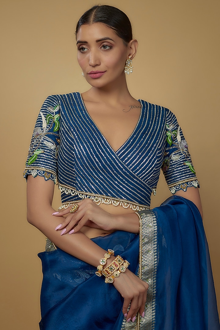 Peacock Blue Raw Silk & Handloom Organza Embroidered Bridal Saree Set by Daamann by Mohit Falod at Pernia's Pop Up Shop
