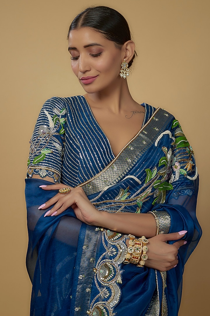 Peacock Blue Raw Silk & Handloom Organza Embroidered Bridal Saree Set by Daamann by Mohit Falod at Pernia's Pop Up Shop
