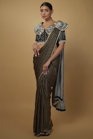 Black & Khaki Satin Embroidered Saree Set by Daamann by Mohit Falod