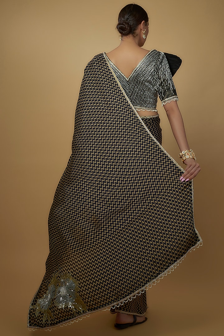 Black & Khaki Satin Embroidered Reception Saree Set by Daamann by Mohit Falod at Pernia's Pop Up Shop