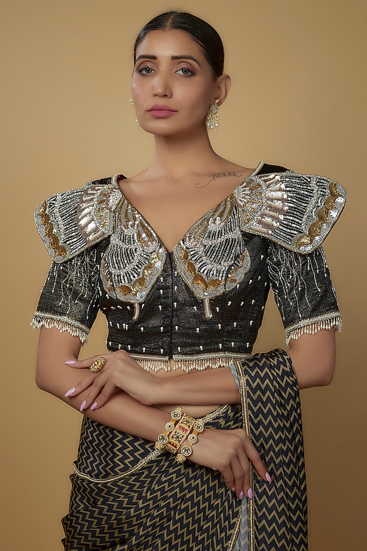 Black & Khaki Satin Embroidered Reception Saree Set by Daamann by Mohit Falod at Pernia's Pop Up Shop