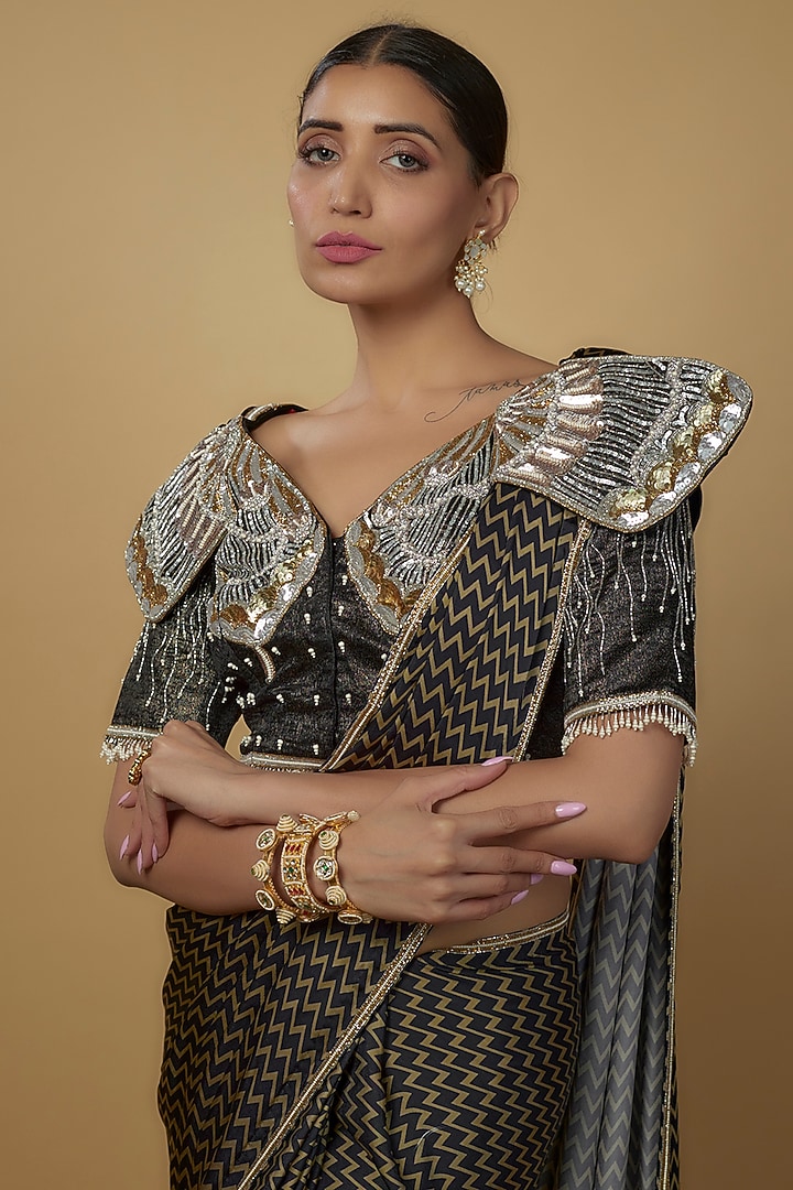 Black & Khaki Satin Embroidered Reception Saree Set by Daamann by Mohit Falod at Pernia's Pop Up Shop