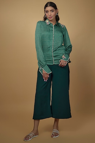 Green Satin & Lycra Embroidered Co-Ord Set by Daamann by Mohit Falod