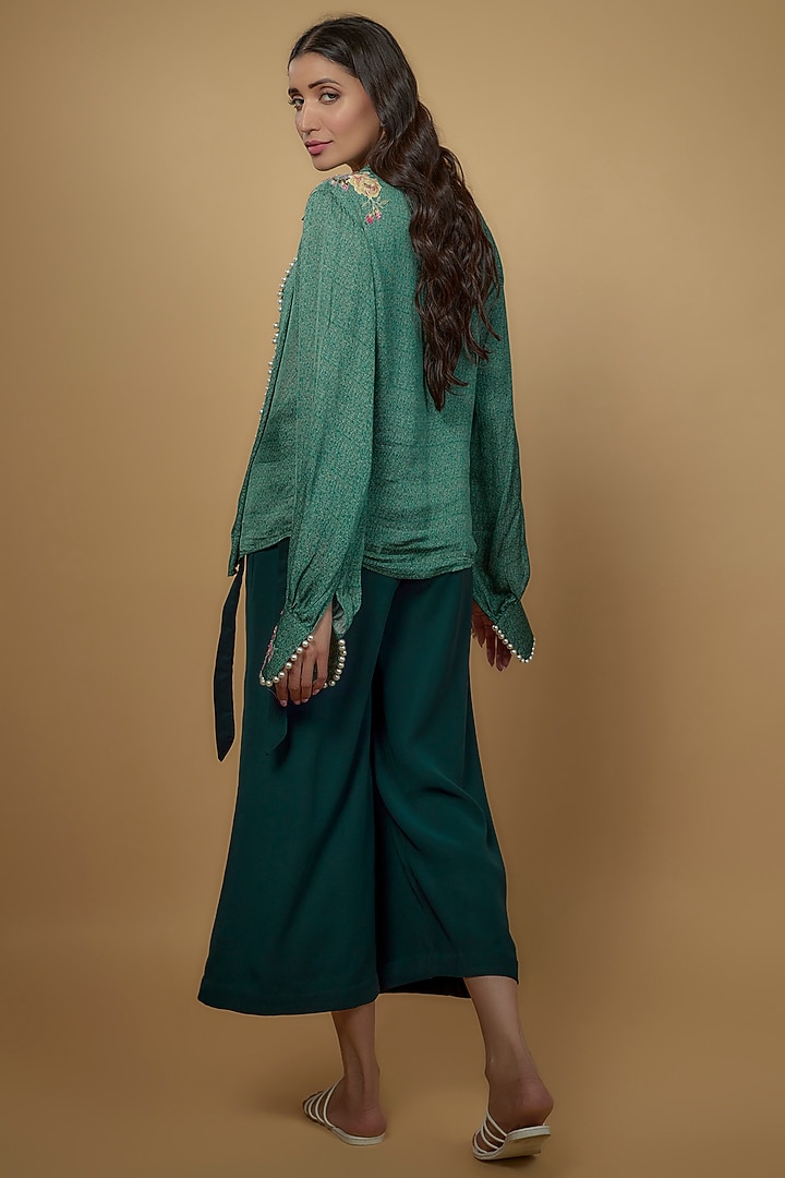 Green Satin & Lycra Embroidered Co-Ord Set by Daamann by Mohit Falod at Pernia's Pop Up Shop
