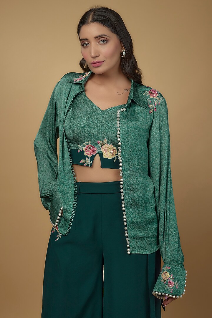 Green Satin & Lycra Embroidered Co-Ord Set by Daamann by Mohit Falod at Pernia's Pop Up Shop