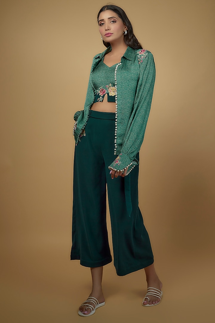 Green Satin & Lycra Embroidered Co-Ord Set by Daamann by Mohit Falod at Pernia's Pop Up Shop