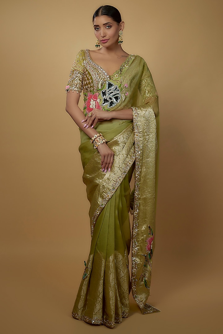 Olive Green Handloom Organza Embellished Saree Set by Daamann by Mohit Falod