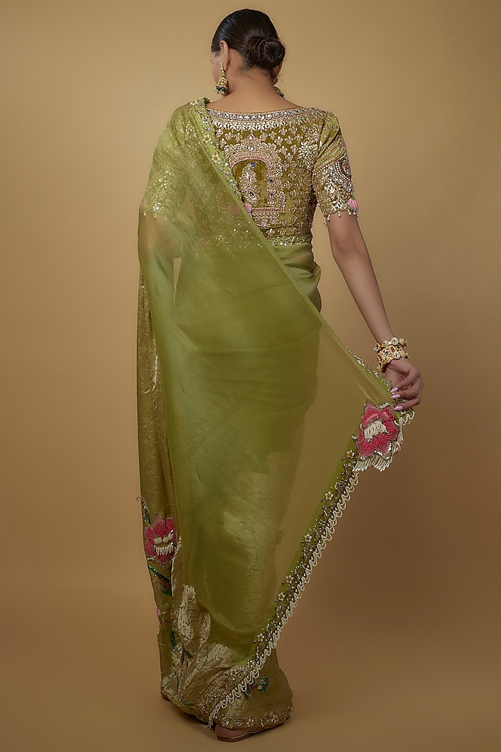 Olive Green Handloom Organza Embellished Bridal Saree Set by Daamann by Mohit Falod at Pernia's Pop Up Shop