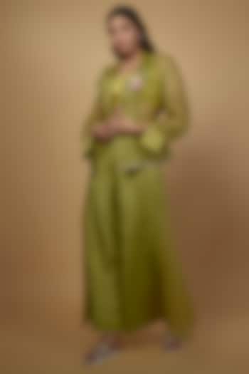 Olive Green Organza & Dola Silk Embroidered Co-Ord Set by Daamann by Mohit Falod