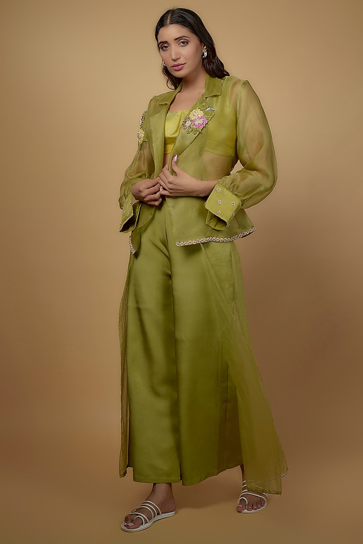 Olive Green Organza & Dola Silk Embroidered Co-Ord Set by Daamann by Mohit Falod