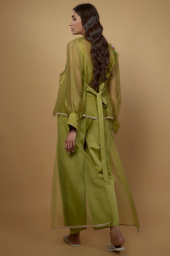 Olive Green Organza & Dola Silk Embroidered Co-Ord Set by Daamann by Mohit Falod at Pernia's Pop Up Shop