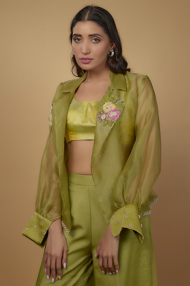 Olive Green Organza & Dola Silk Embroidered Co-Ord Set by Daamann by Mohit Falod at Pernia's Pop Up Shop