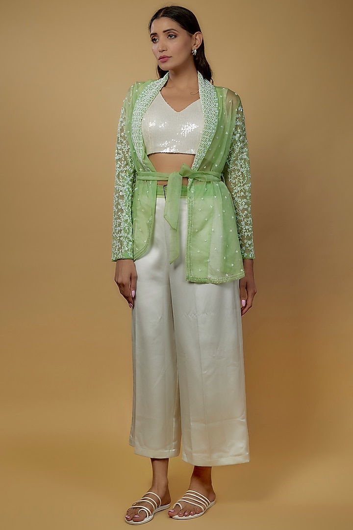 Pista Green Organza Embroidered Jacket Set by Daamann by Mohit Falod