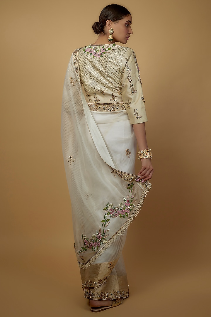 Ivory & Gold Handloom Organza Embroidered Bridal Saree Set by Daamann by Mohit Falod at Pernia's Pop Up Shop