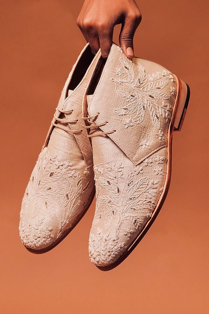 Golden Leather Zardosi Embroidered Boots by Dmodot at Pernia's Pop Up Shop