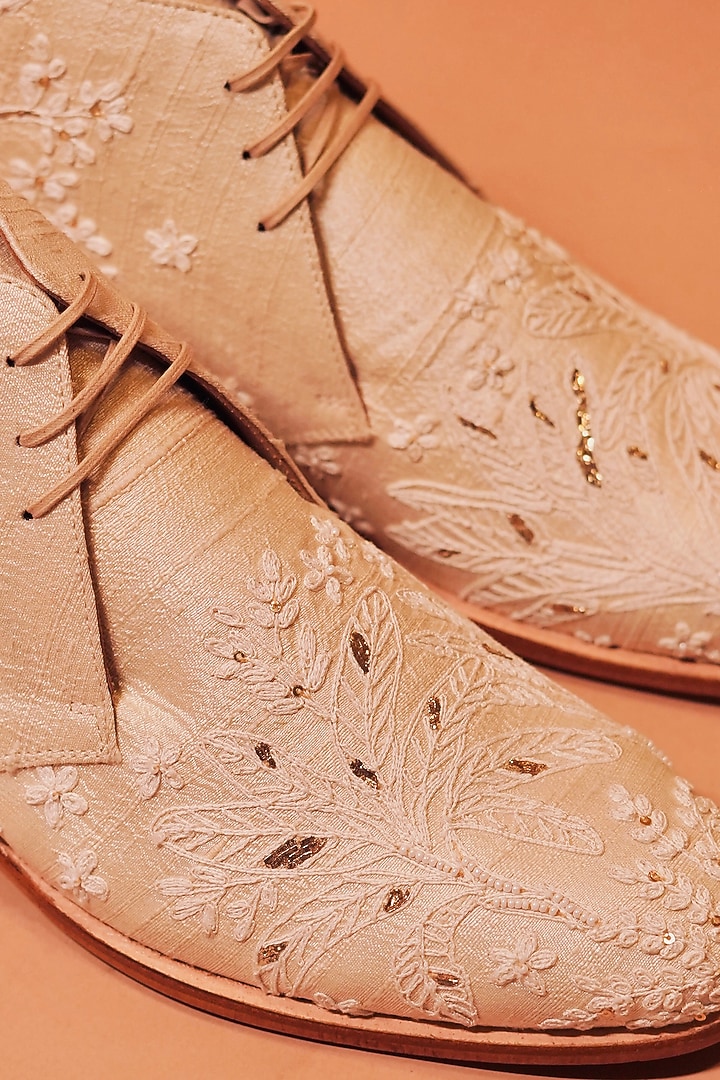 Golden Leather Zardosi Embroidered Boots by Dmodot at Pernia's Pop Up Shop