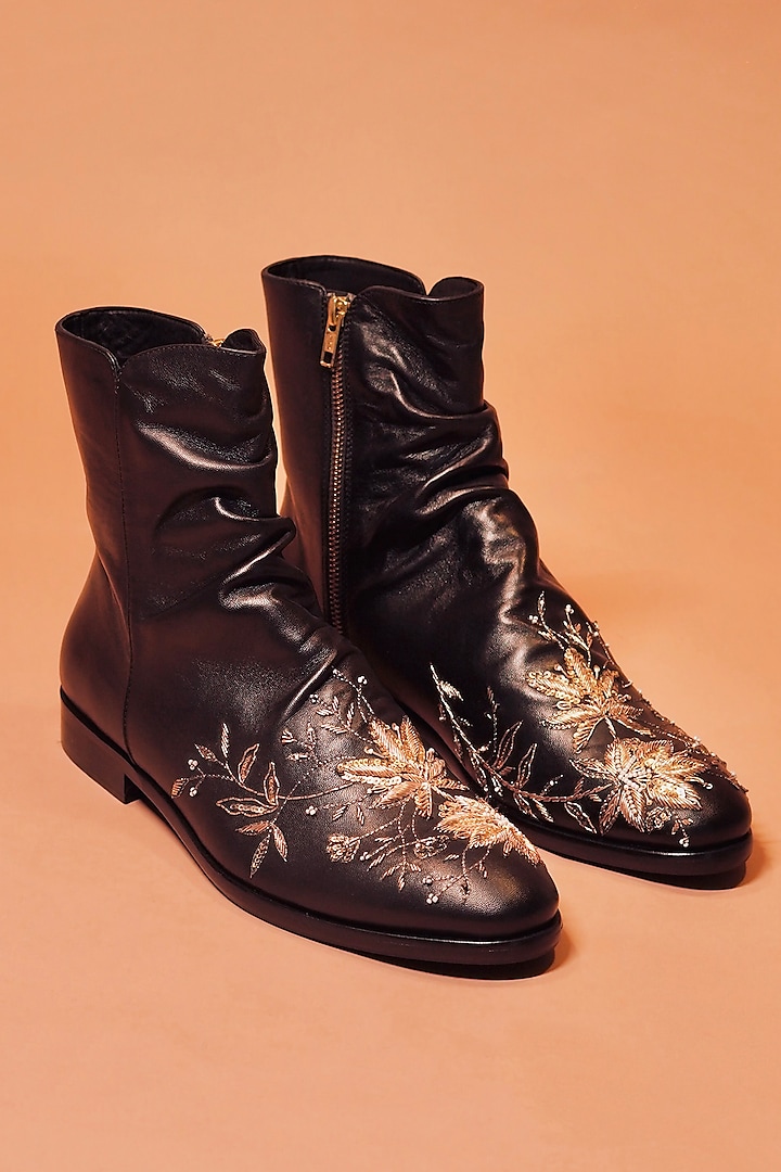 Black Leather Zardosi Embroidered Boots by Dmodot