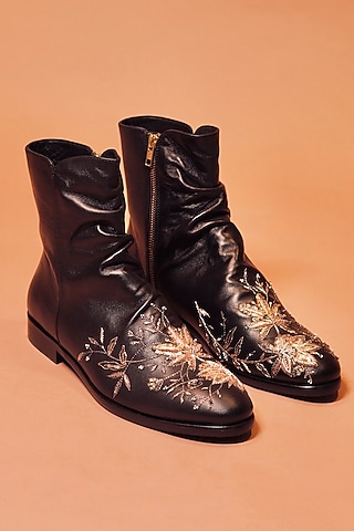 Black Leather Zardosi Embroidered Boots by Dmodot