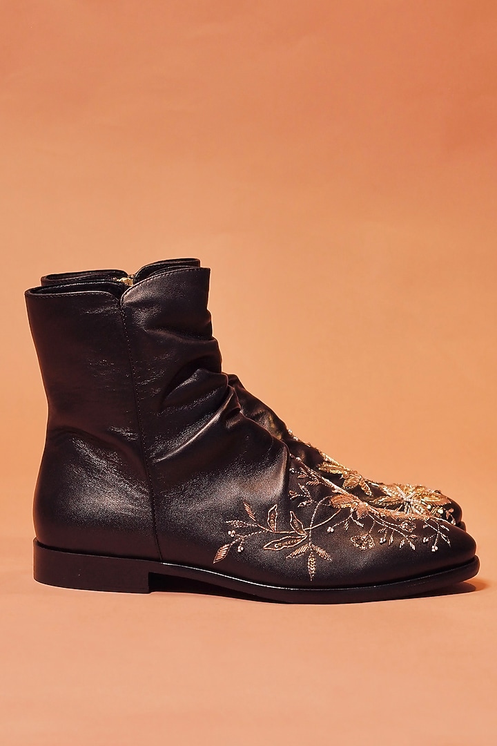 Black Leather Zardosi Embroidered Boots by Dmodot at Pernia's Pop Up Shop