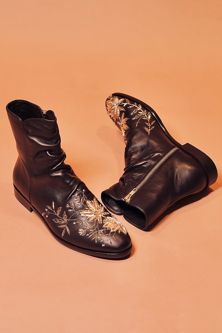 Black Leather Zardosi Embroidered Boots by Dmodot at Pernia's Pop Up Shop