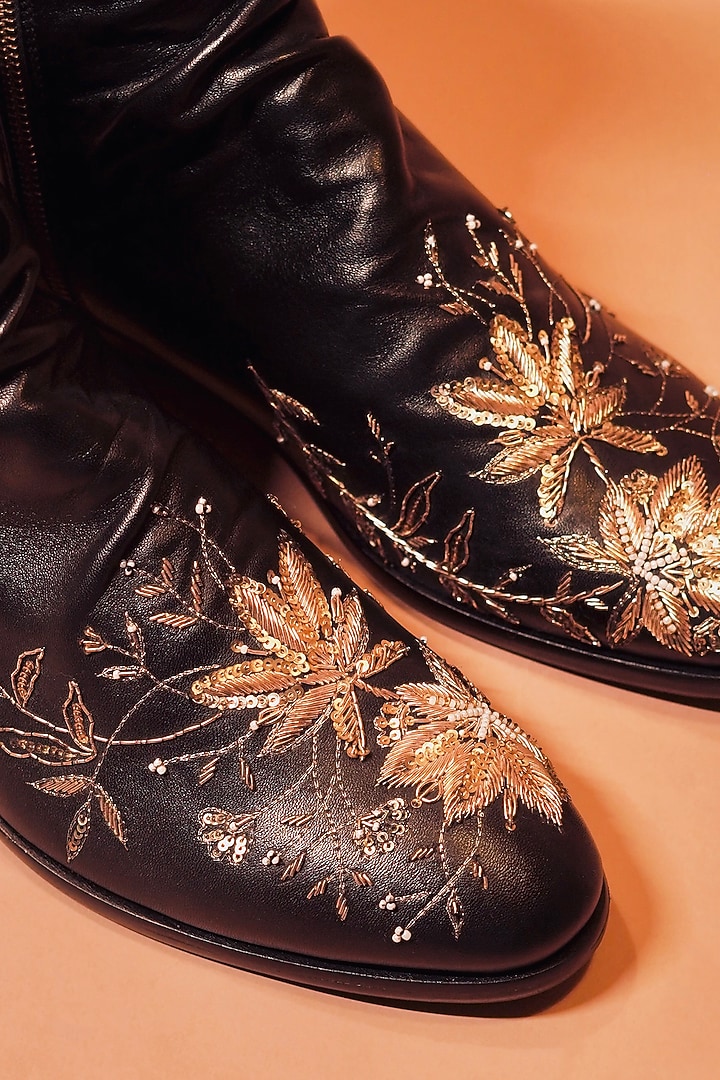Black Leather Zardosi Embroidered Boots by Dmodot at Pernia's Pop Up Shop