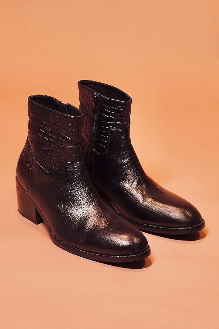 Black Leather Printed Boots by Dmodot