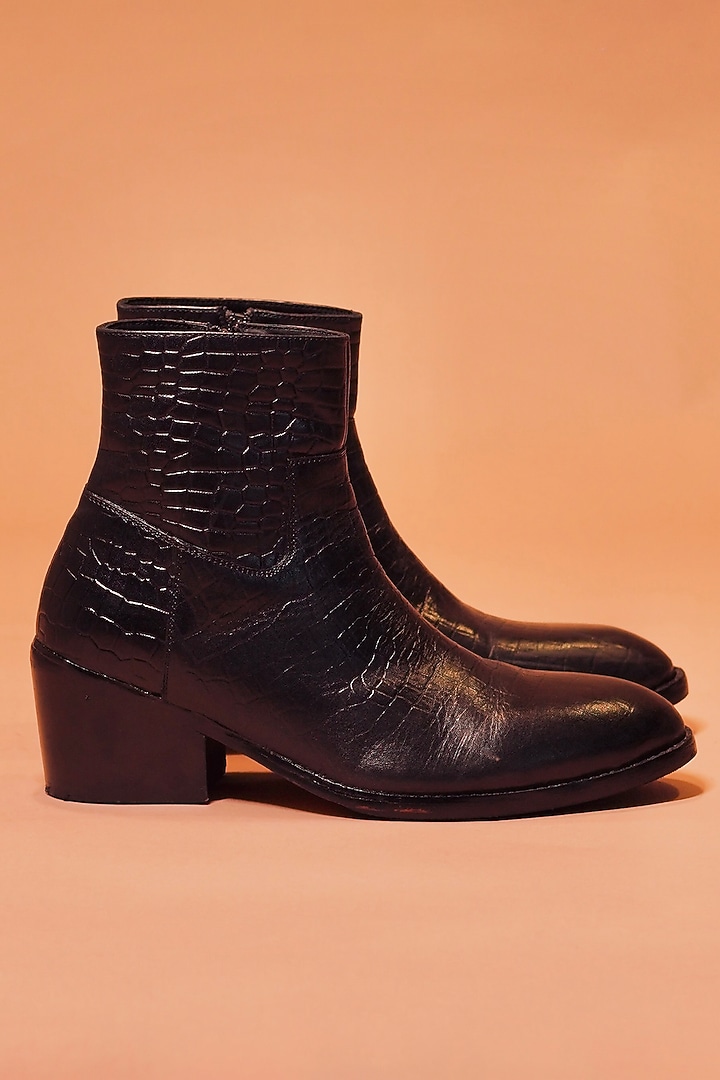Black Leather Printed Boots by Dmodot at Pernia's Pop Up Shop