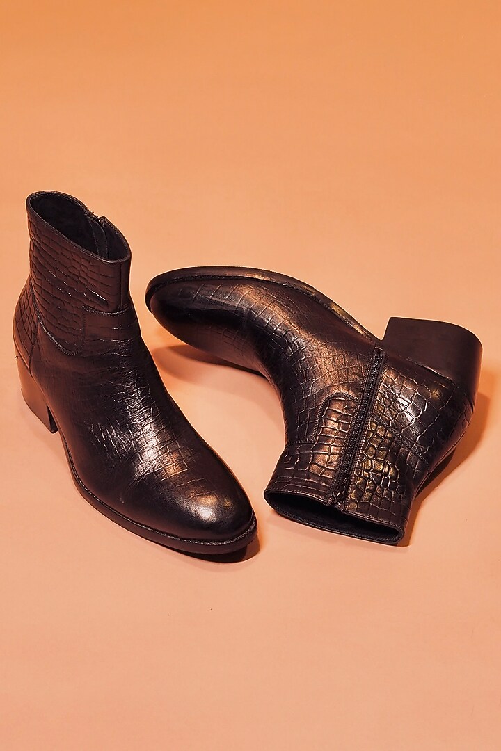 Black Leather Printed Boots by Dmodot at Pernia's Pop Up Shop