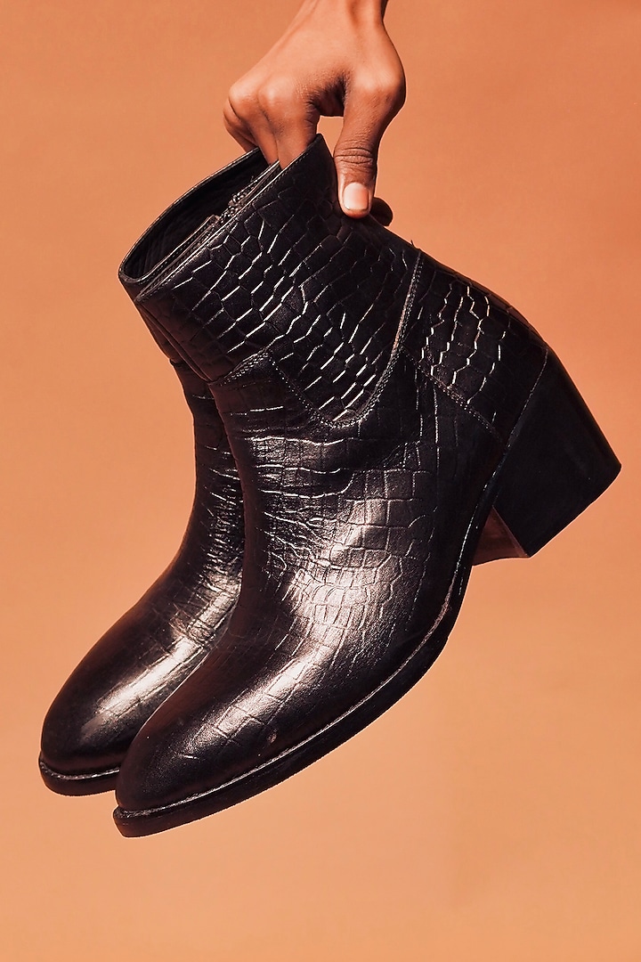 Black Leather Printed Boots by Dmodot at Pernia's Pop Up Shop