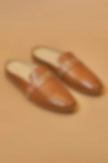 Tan Brown Leather Hand Embroidered Mules by Dmodot at Pernia's Pop Up Shop