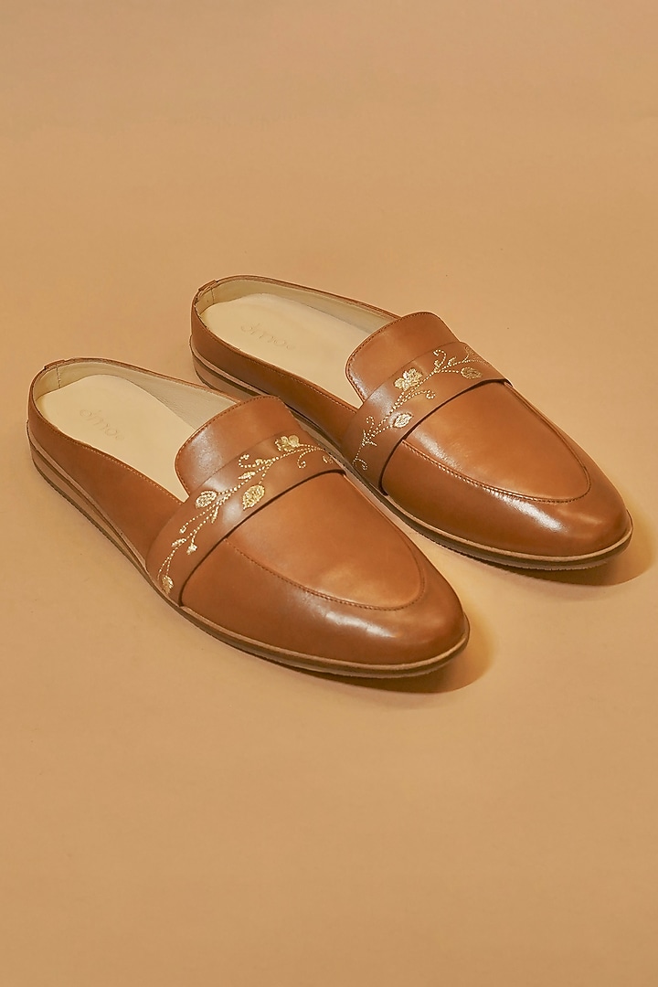 Tan Brown Leather Hand Embroidered Mules by Dmodot at Pernia's Pop Up Shop