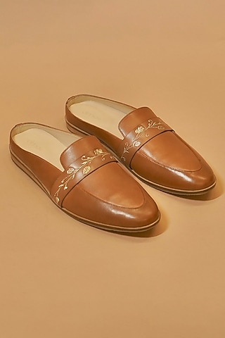 Tan Brown Leather Hand Embroidered Mules by Dmodot