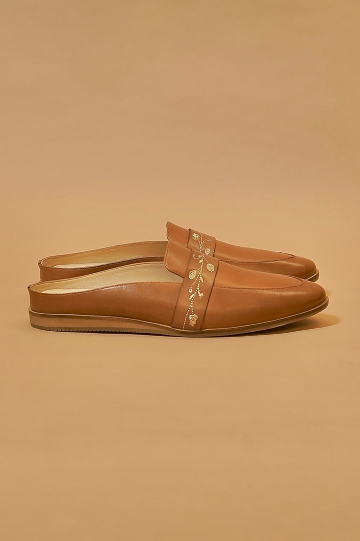 Tan Brown Leather Hand Embroidered Mules by Dmodot at Pernia's Pop Up Shop