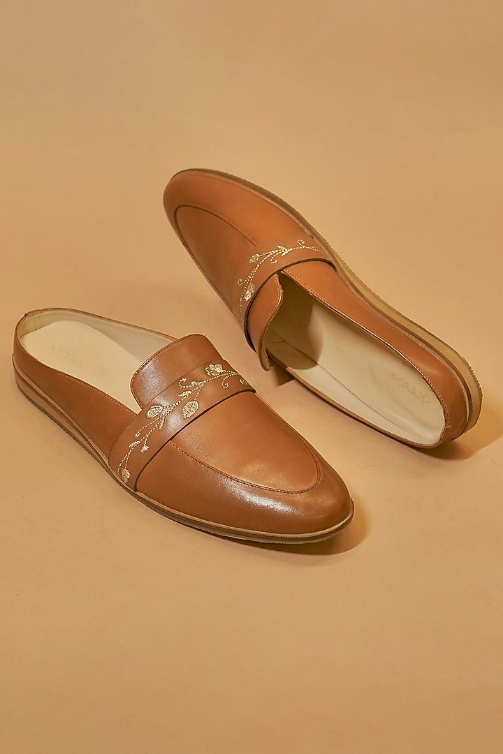 Tan Brown Leather Hand Embroidered Mules by Dmodot at Pernia's Pop Up Shop
