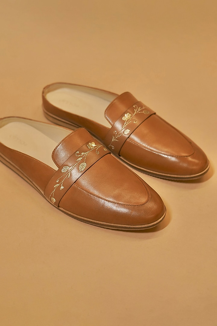 Tan Brown Leather Hand Embroidered Mules by Dmodot at Pernia's Pop Up Shop