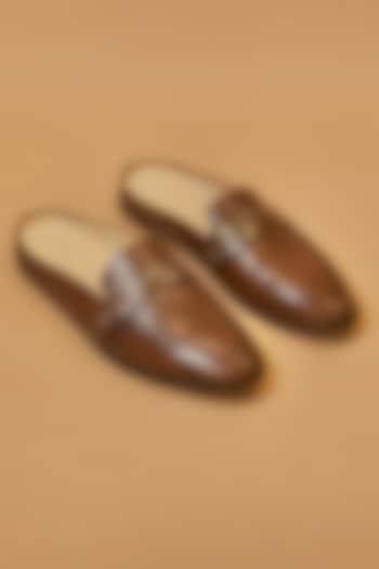 Dark Brown Leather Hand Embroidered Mules by Dmodot at Pernia's Pop Up Shop