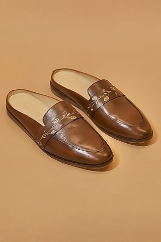 Dark Brown Leather Hand Embroidered Mules by Dmodot